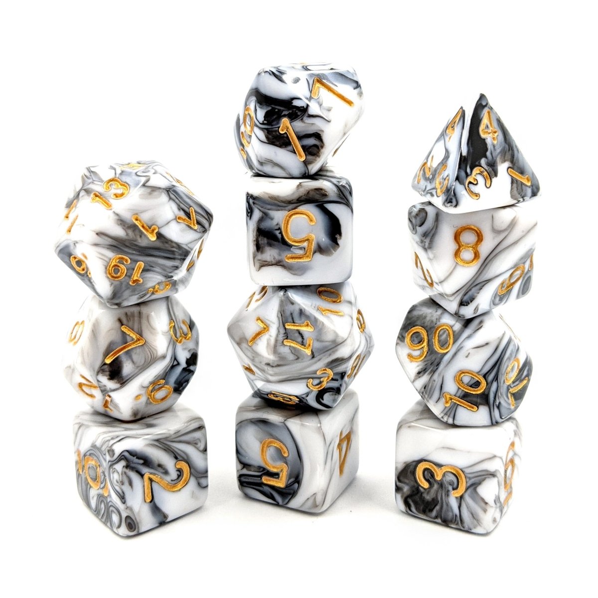 White Marble | 11pc Dice Set - Mint & Mustard