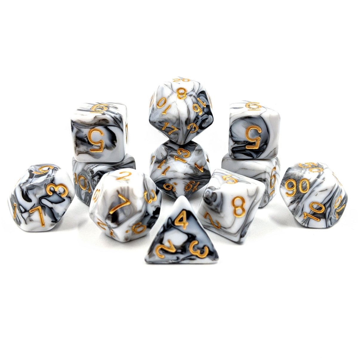 White Marble | 11pc Dice Set - Mint & Mustard